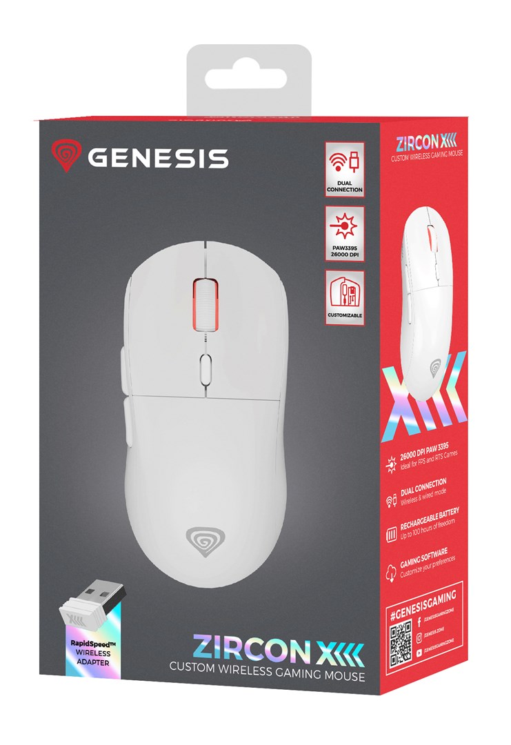 Maus Genesis Zircon XIII, Wireless dhe USB-C, 26000 DPI, i bardhë