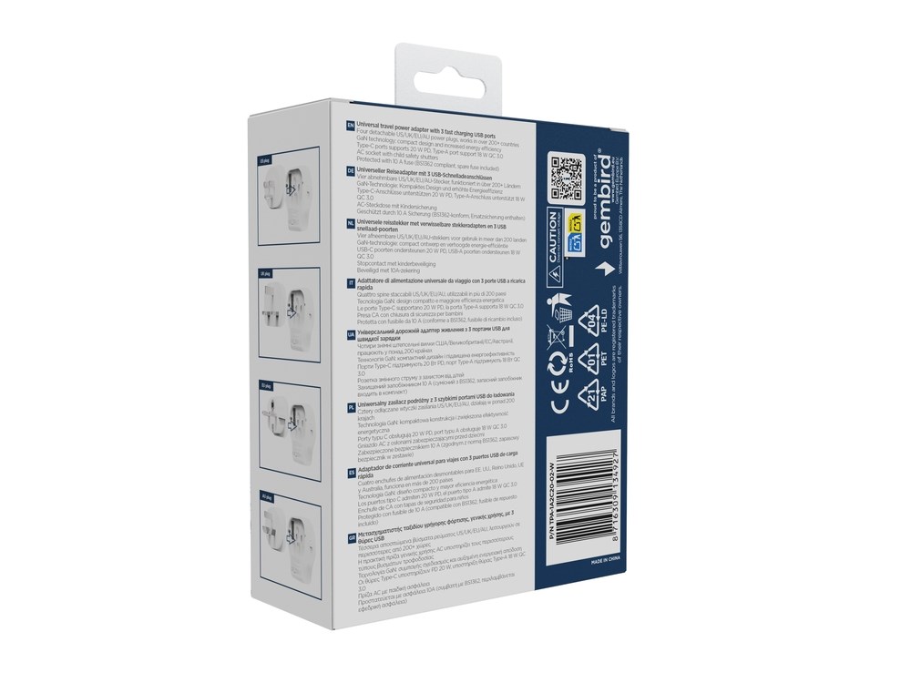 Përshtatës universal udhëtimi Gembird UPA‑CH3P65‑01, 20W, 2x USB C PD, 1x USB A QC 3.0, i bardhë
