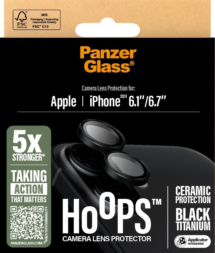 Mbrojtës kamere PanzerGlass Hoops Ceramic, për iPhone 16, për iPhone 16 Plus, transparent