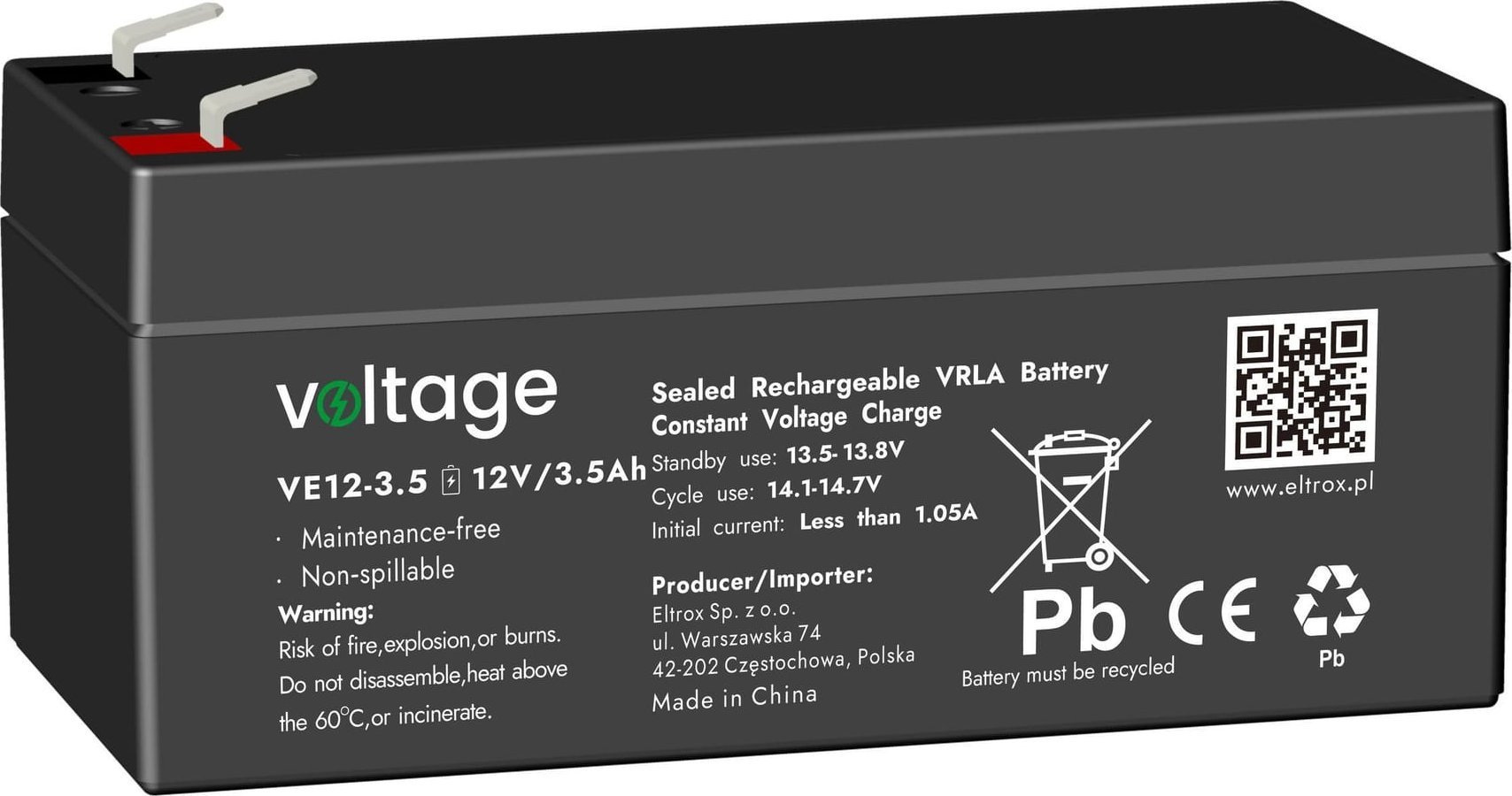 Bateri AGM Voltage VE12-3.5, 12V, 3.5Ah, e zezë