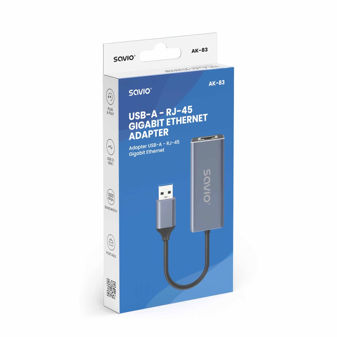 Adapter rrjeti Savio AK-83, USB 3.1 në RJ-45, 1 Gbps, i zi