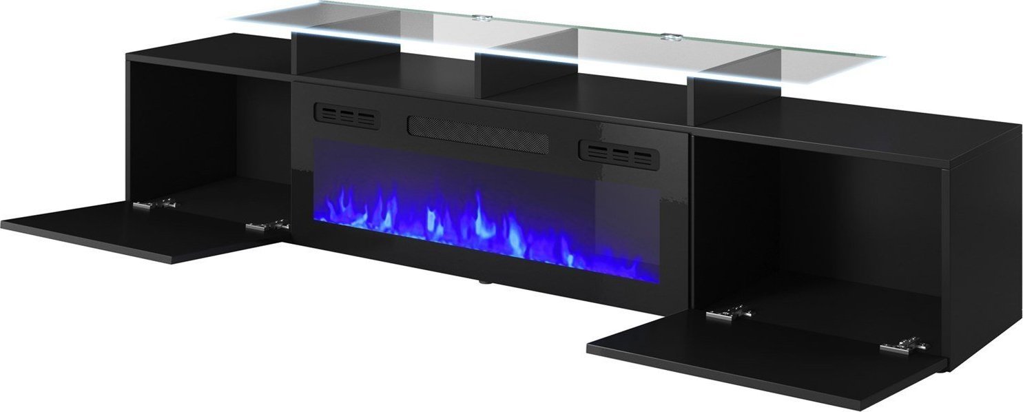 Komodinë TV Rova, oxhak elektrik, 190x37x48 cm, e zezë