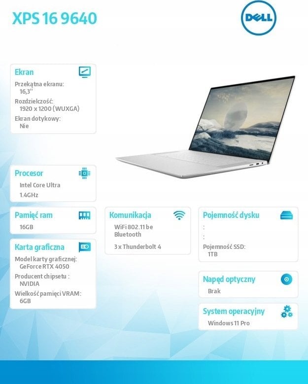 Laptop XPS 16 9640, 16.3", Intel Core Ultra 7 155H, 16GB RAM, 1TB SSD, Nvidia GeForce RTX 4050
