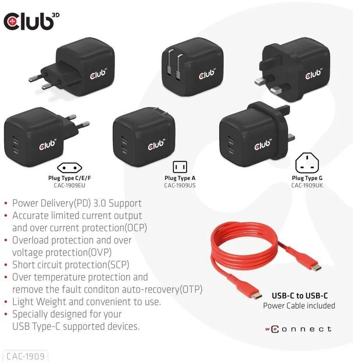 Karikues Club3D, teknologji GAN, 2xUSB-C, PD 3.0, 45W, i zi