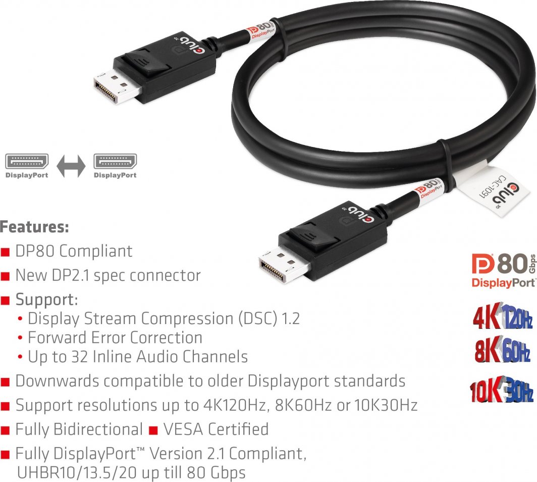 Kabllo DisplayPort Club 3D CAC-1091, DP 2.1, 4K 120Hz 8K 60Hz, 1.2m, e zezë