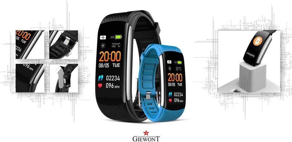 Byzylyk inteligjent Giewont GW200-7, ekran me prekje, njoftime smart, i zi me rrip blu