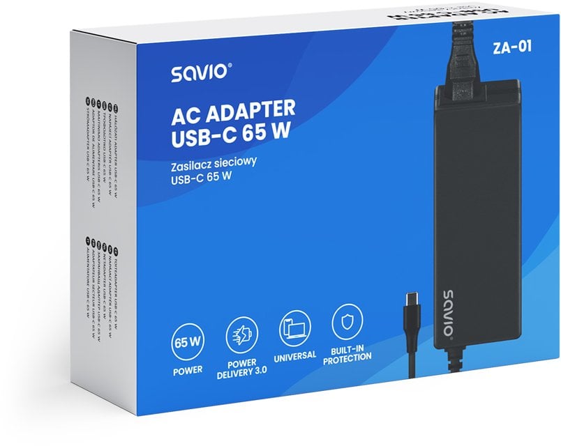 Karikues universal Savio ZA-01, AC, për laptop dhe smartphone, i zi