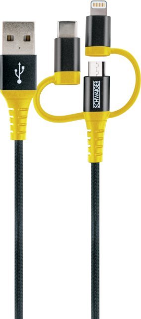 Kabllo USB Schwaiger WKUU310511, USB A në USB C microUSB Lightning, 1.2m, e zezë e verdhë