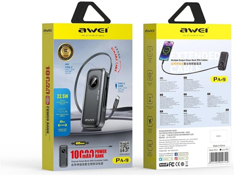 Karikues portativ Awei PA-9, 10000mAh, 22.5W, i zi