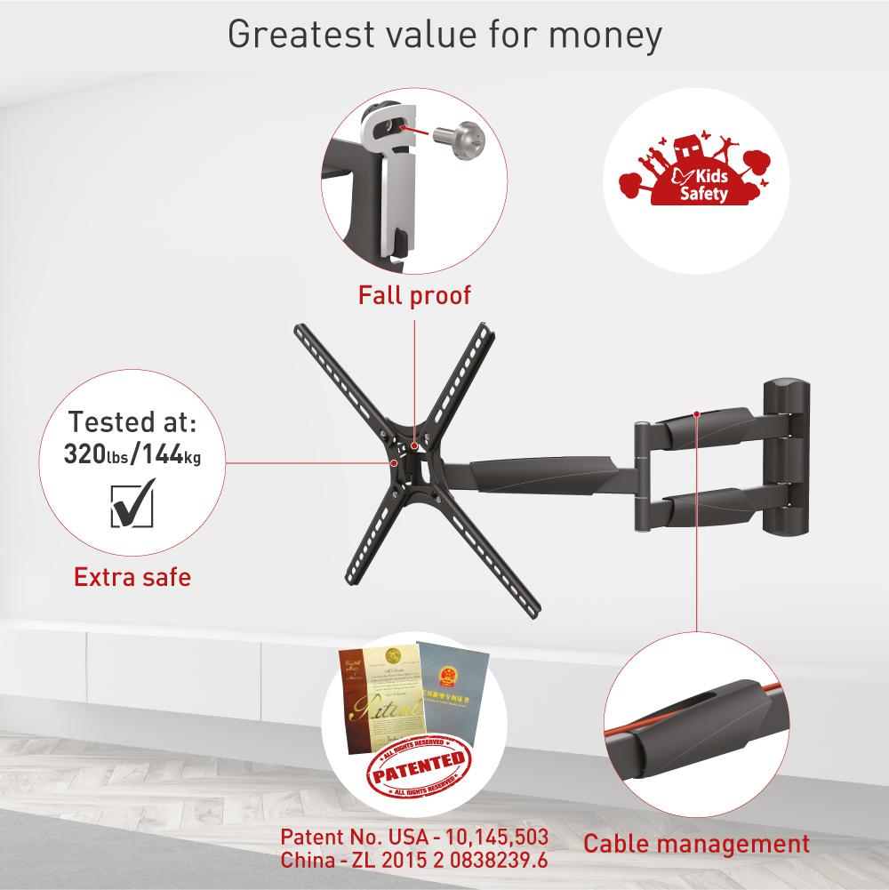 Kllapë murale për TV Barkan, 13" 65", krah 76cm, deri 36kg, e zezë