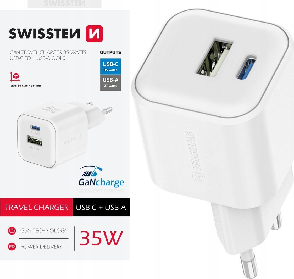 Karikues muri Swissten GaN, 1x USB C 35W PD, 1x USB A 27W, i bardhë