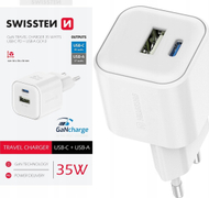 Karikues muri Swissten GaN, 1x USB C 35W PD, 1x USB A 27W, i bardhë