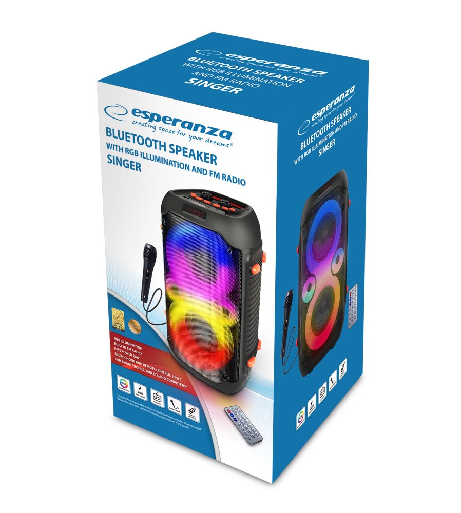 Set altoparlant dhe mikrofon Esperanza EP156, Bluetooth, FM, LED RGB, 20W, të zi