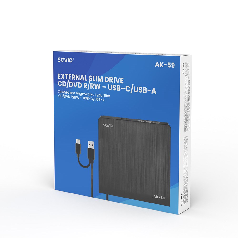 Disk optik i jashtëm SAVIO AK-59, CD/DVD R/RW, USB-C/USB-A
