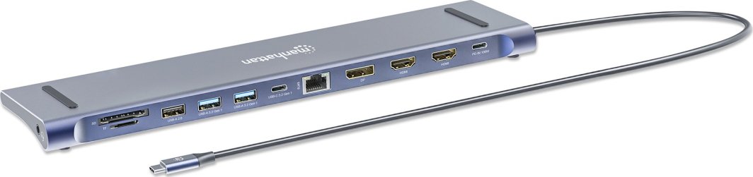 USB-C док Манхатон 12‑во‑1, 3x 4K, Power Delivery 100W, сив