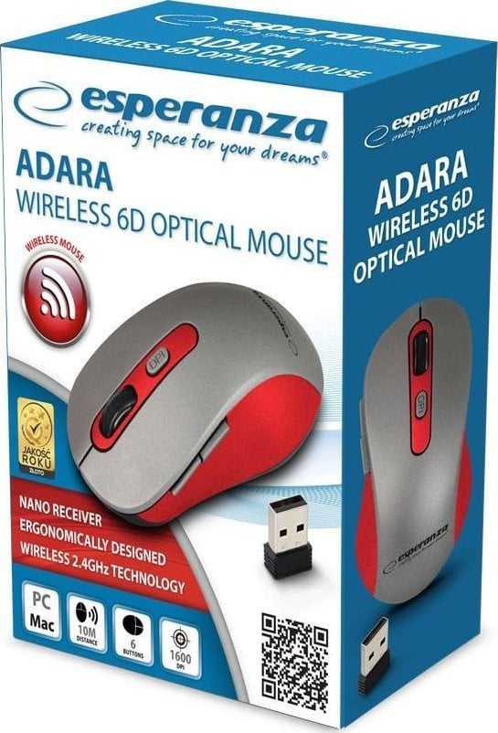 Безжичен глушец Esperanza ADARA EM131R, 2.4GHz, 1600 DPI, црвен