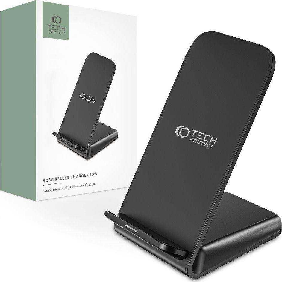 Karikues wireless Tech-Protect Qi15W-S2, 15W, me bazë mbajtëse, i zi
