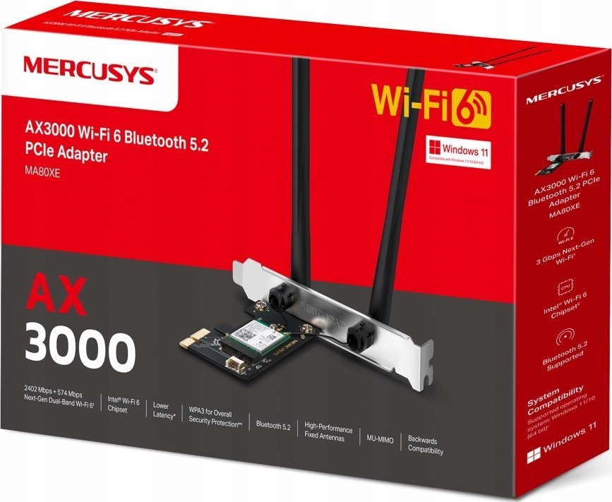 Adapter Wi‑Fi Mercusys MA80XE, AX3000, PCIe, Bluetooth 5.2