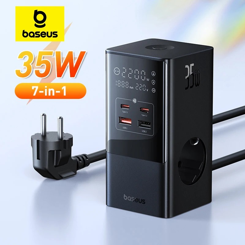 Shirit kontakti Baseus Digital Power Strip, 7‑në‑1, 35W, 4000W, me ekran dixhital, i bardhë