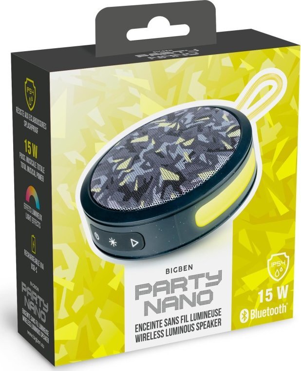 Altoparlant Bluetooth BigBen Party Nano, 15W, IP54, camo i zi e verdhë