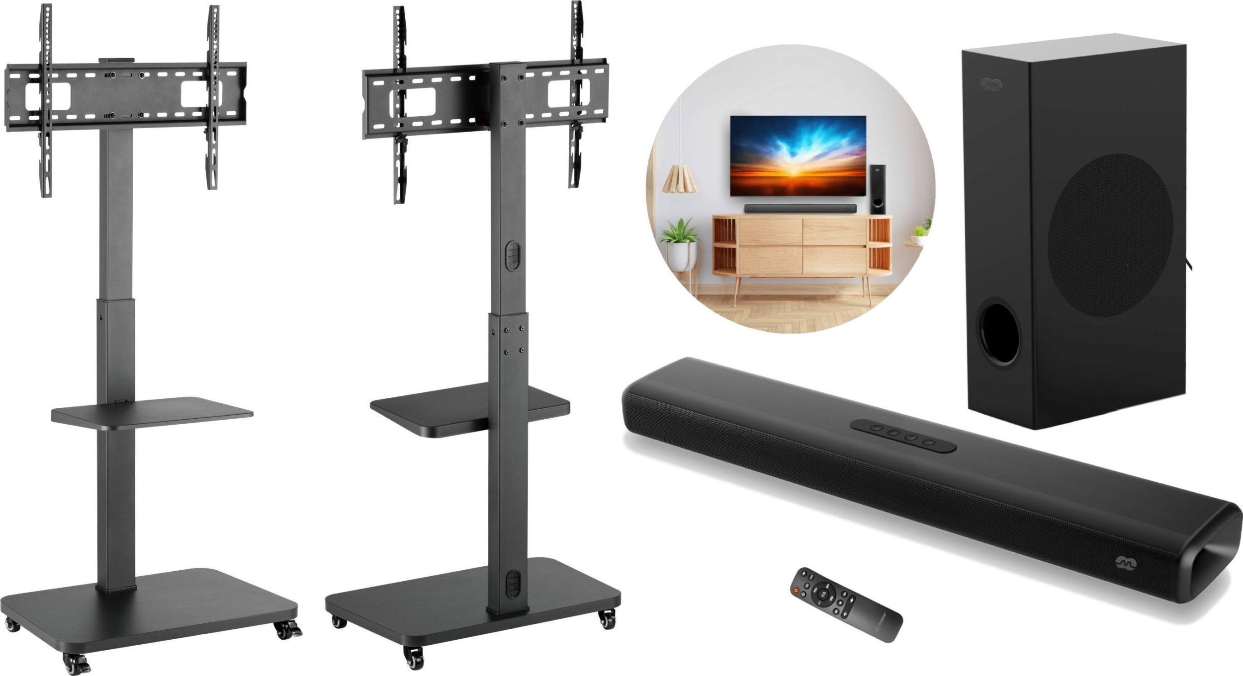 Stendë TV mobile Mozos MSTV Theater, për televizione deri 40kg, me rrota, e zezë