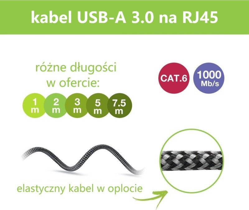 Kabllo rrjeti Techly USB 3.2 Type A në Ethernet RJ45, CAT6, 1000 Mbit/s, 3m, argjendtë e zezë