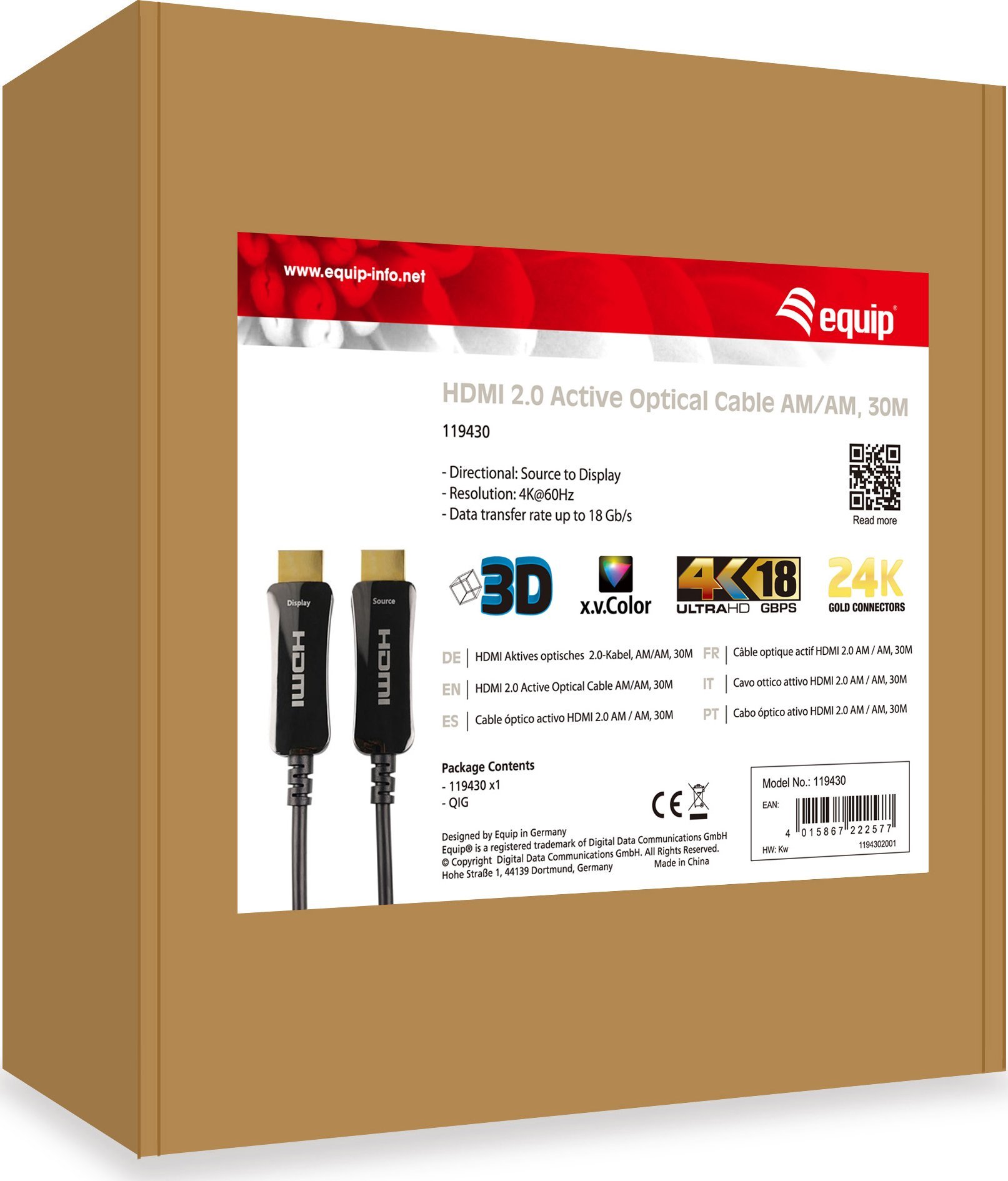 Кабел HDMI Equip Active Optical 2.0, 30m, 4K, црн