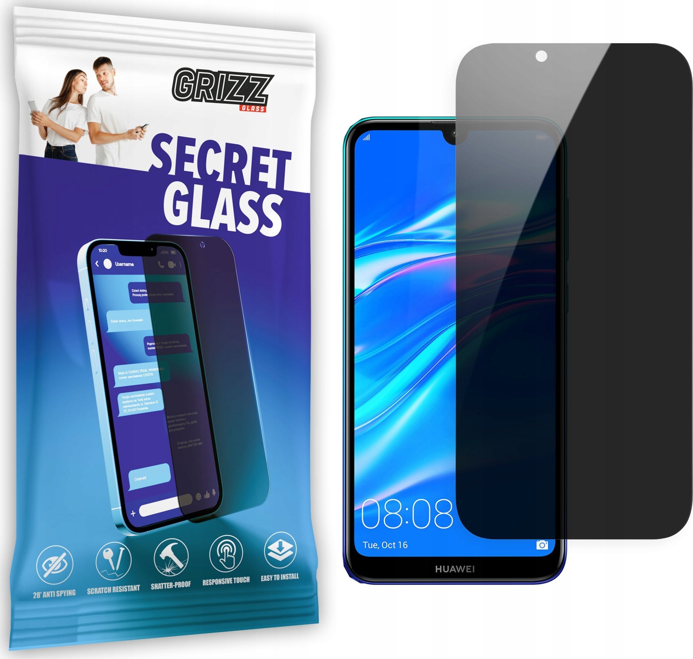 Xham mbrojtës privatësie Grizz SecretGlass për Huawei Y7 2019, xham i temperuar, efekt privatësie, transparent