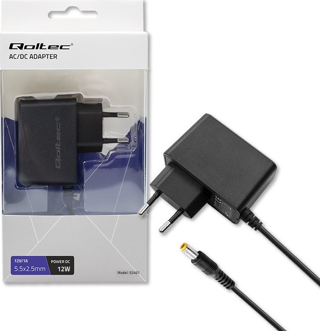 Адаптер за струја Qoltec Plug-in, 12W 12V 1A, приклучок 5.5 x 2.5mm, црн