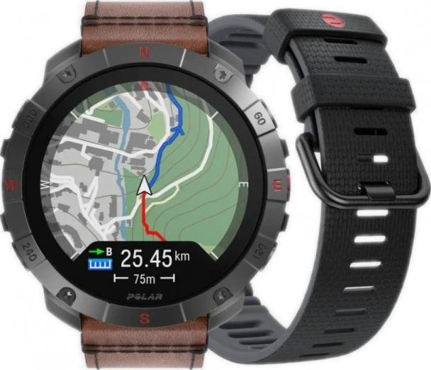 Спортски часовник Polar Grit X2 Pro Titanium, AMOLED, GPS, кожен кафен ремен M/L