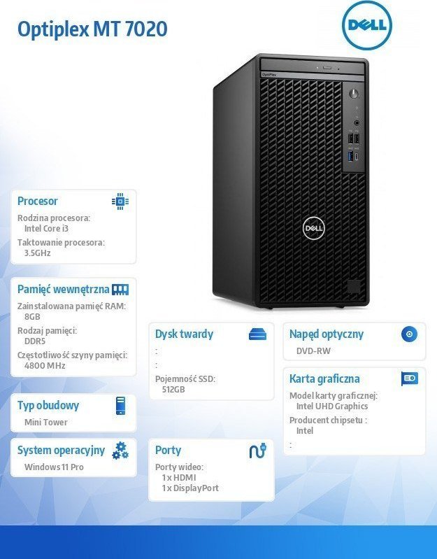 Kompjuter Dell OptiPlex 7020 Intel Core i3 i3-14100 8 GB DDR5-SDRAM 512 GB SSD Windows 11 Pro Mini Tower, i zi