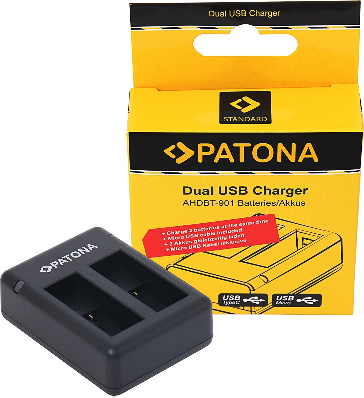 Полнач за батерии Патона Dual USB, за ГоПро Херо 9 и Херо 10, црн