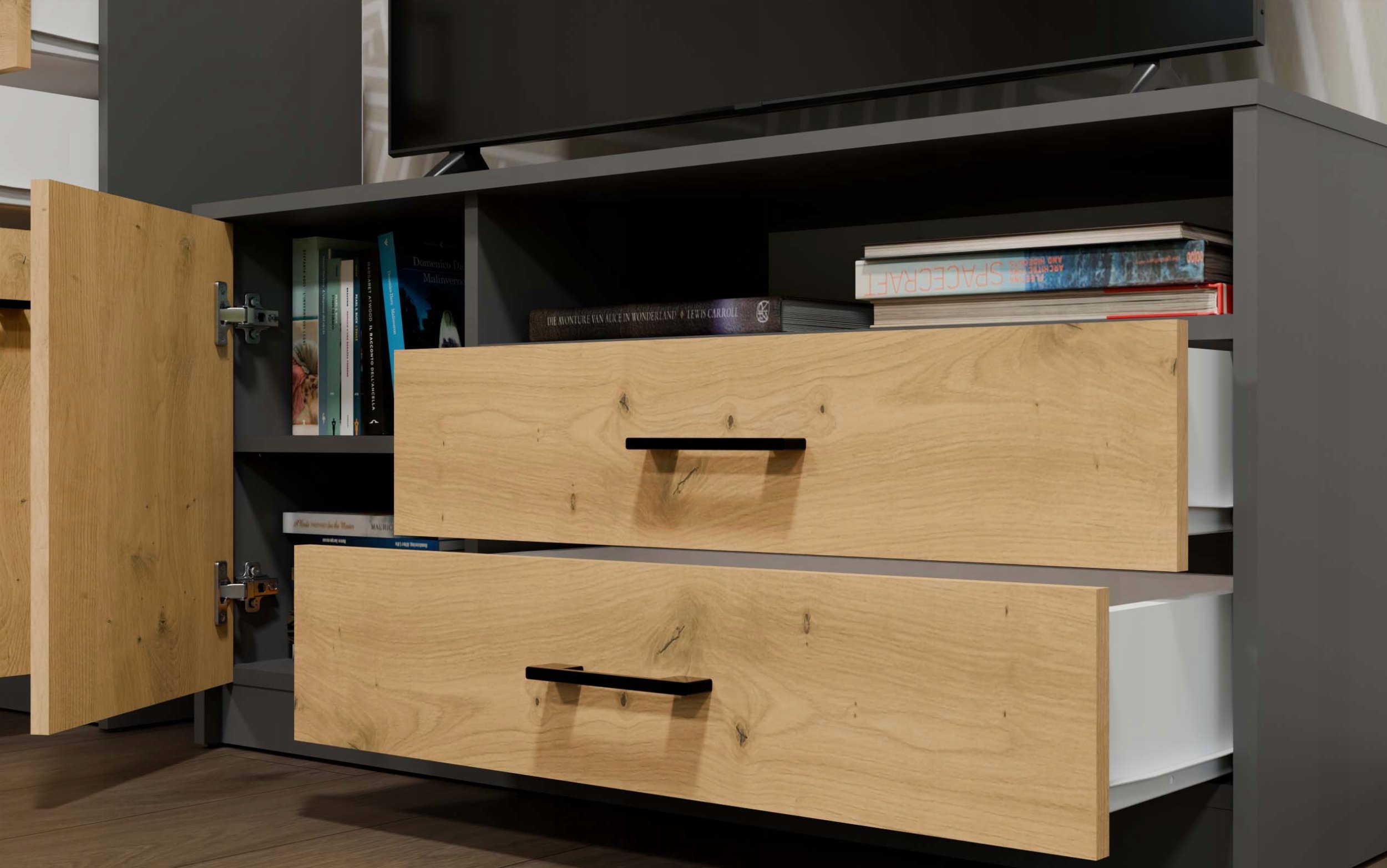 Kabinet TV SIMPLO 1D2S, 2 sirtarë, 1 derë, antracit dhe oak artisan