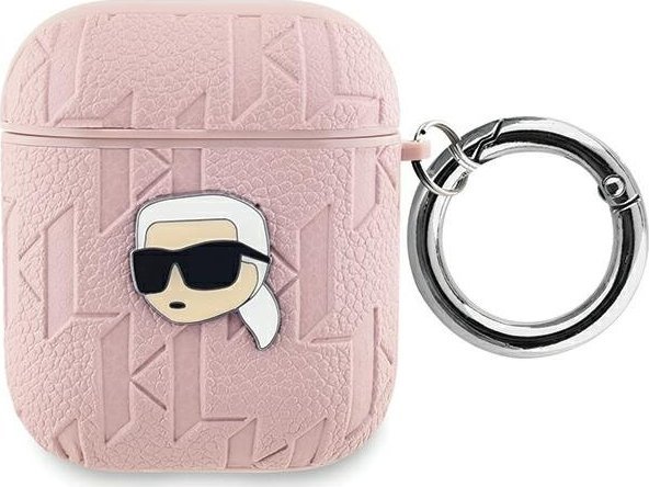 Kuti mbrojtëse Karl Lagerfeld PU Embossed Karl Head për AirPods 1/2, me karabinë, rozë