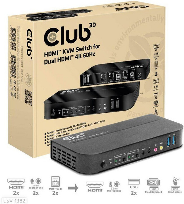 Ndërprerës Club3D Network Switch - Switch, HDMI KVM Switch - Dual HDMI 4K @ 60Hz