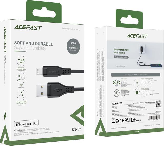 Kabllo karikimi Acefast USB A në Lightning, 1.2 m, 2.4 A, e zezë
