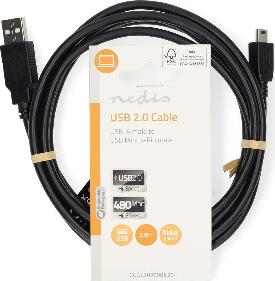 Kabllo USB Nedis CCGL60300BK30, USB A në Mini USB B, 2.0, 3m, e zezë