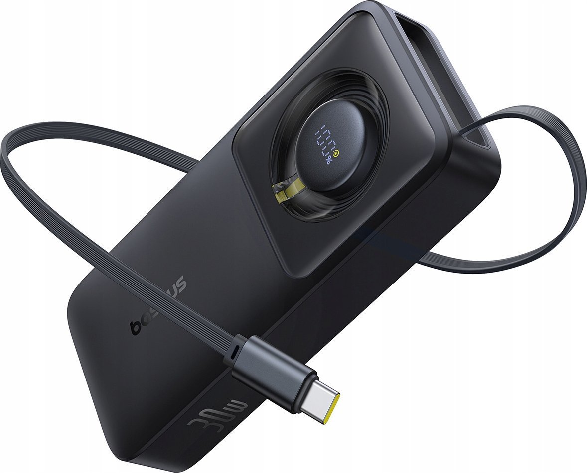 Надворешна батерија Baseus Free2Pull, 10000mAh, 30W, со вградeн USB C кабел, црна