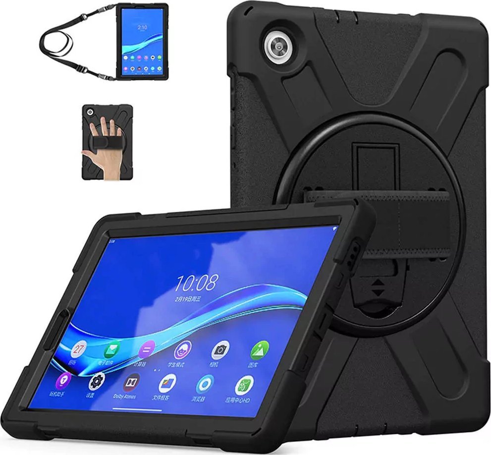 Futrollë tablet Strado Armor Case për Lenovo Tab M10 TB-X306X X306F, me rrip dhe mbajtës rrotullues, e zezë