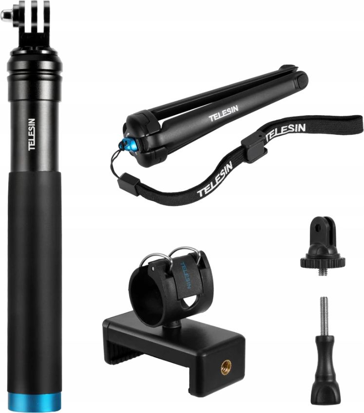 Selfie stick trekëmbësh Telesin GP-MNP-090-S, 20-90cm, për kamera sportive, i zi