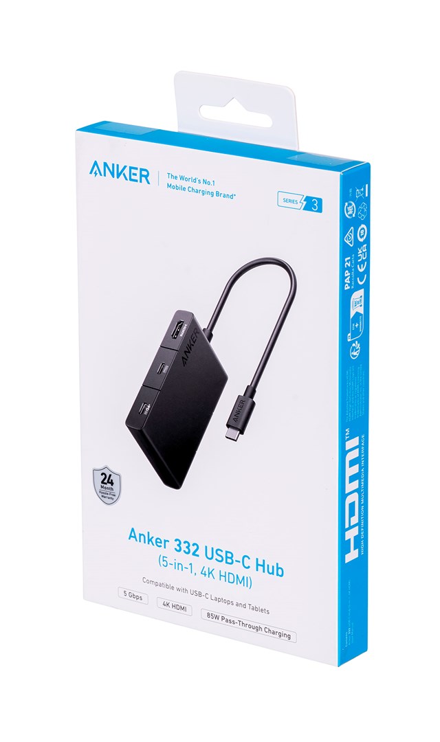 USB Hub Anker 332, 5-in-1, USB-C, 4K HDMI, 100W PD, i hirtë