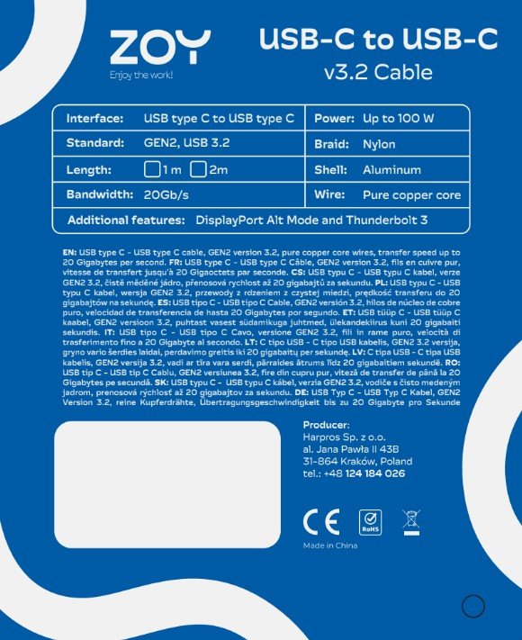Kabllo ZOY USB-C - USB-C, 1m, e zezë/ e argjendë