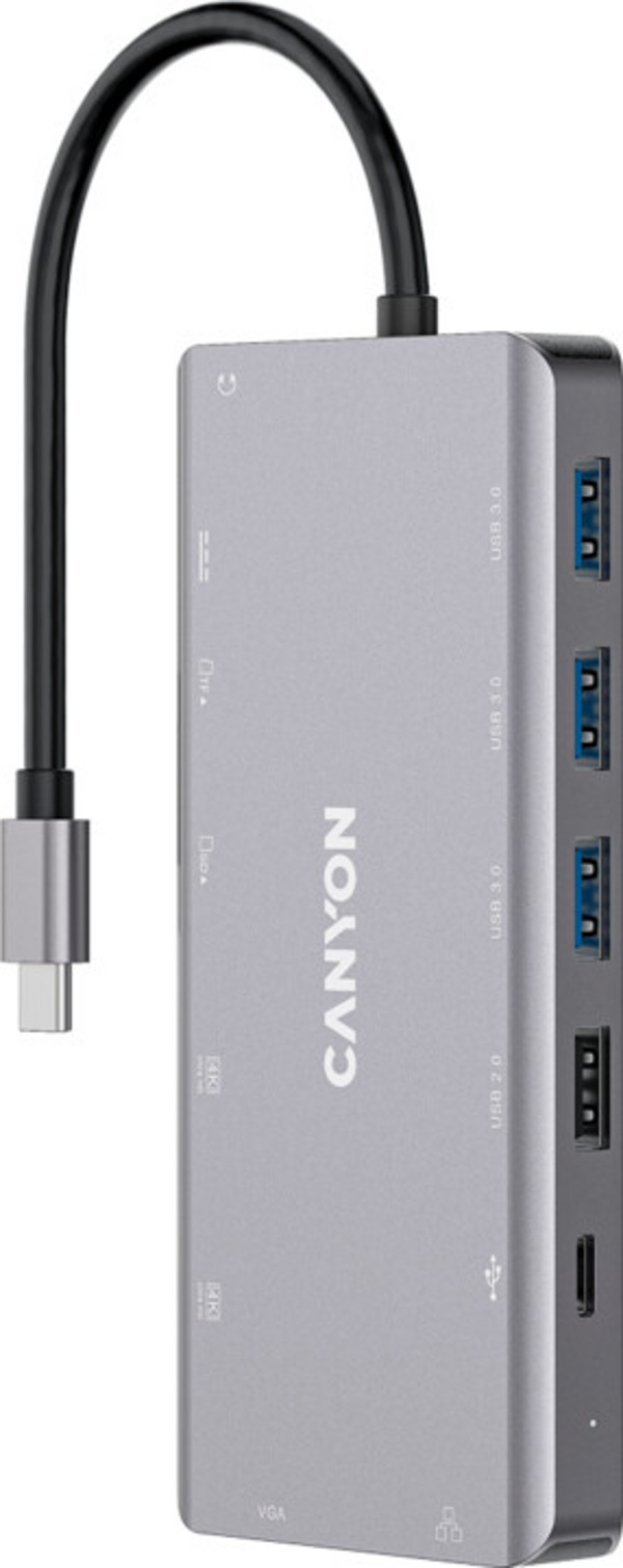 Replikator i portit CANYON DS-12 13in1, 1xUSB-C PD 100W, 2xHDMI (4K), VGA, 4xUSB-A, RJ45 Gb, 3.5mm jack, lexues SD / micro SD