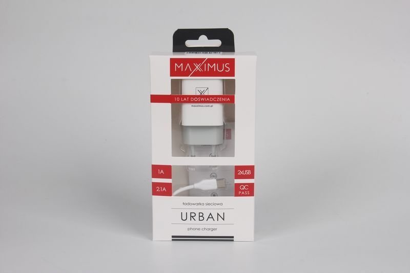 Полнач приклучок Maxximus Urban, 2.1A, 2x USB со кабел Type C, бел