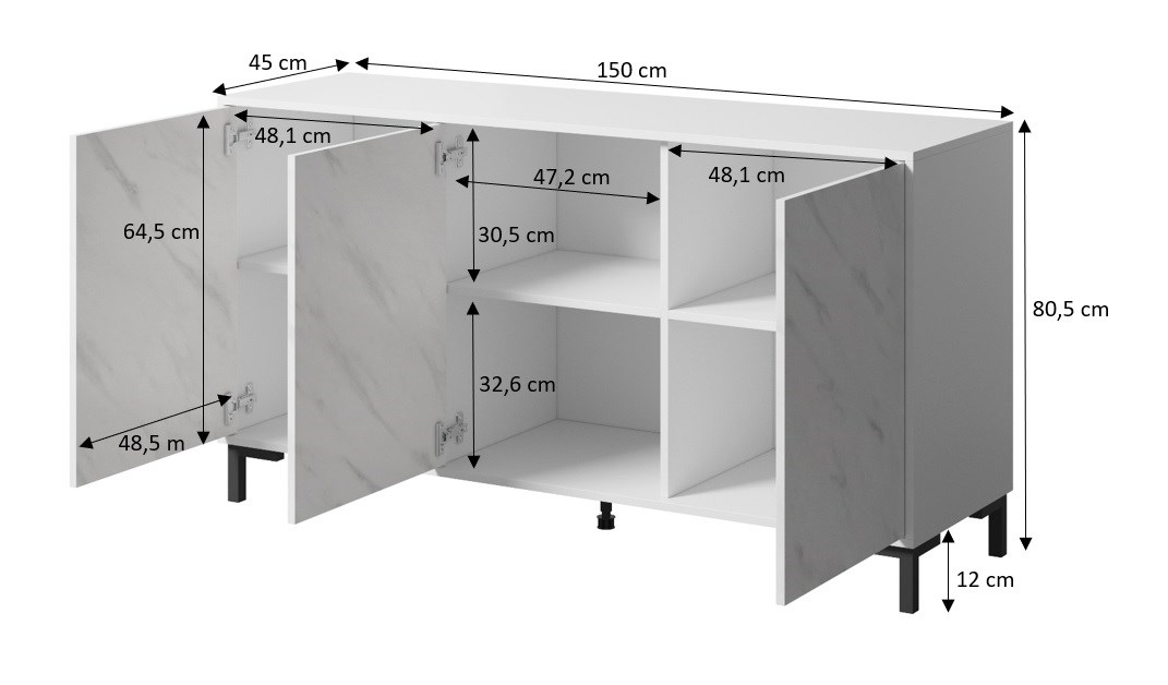 Komo MARMO 3D, 150x45x80.5 cm, efekt mermeri, e bardhë mat