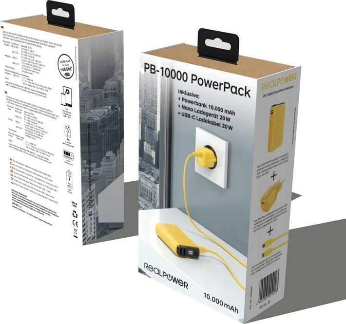 Powerbank RealPower PB-10000, 10000mAh, 22.5W, i verdhë