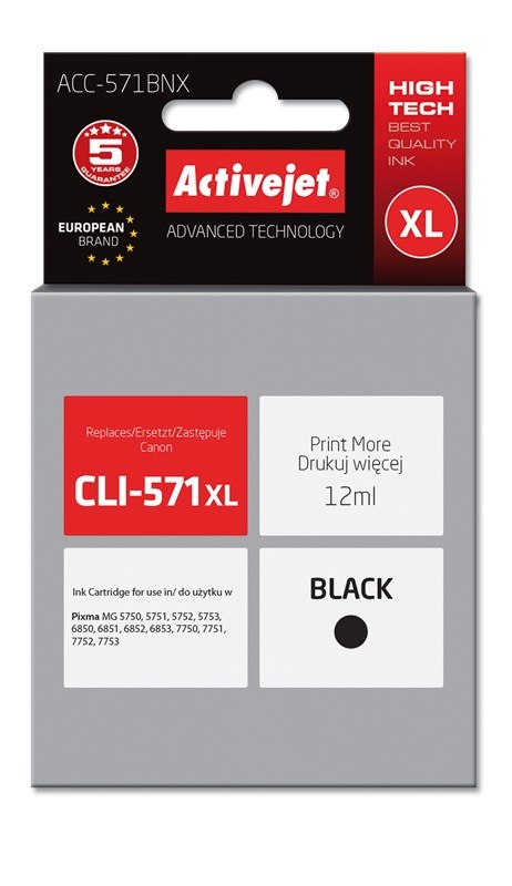 Ngjyrë për printer Activejet ACC-571BNX (zëvendësim për Canon CLI-571Bk XL), 12 ml, e zezë