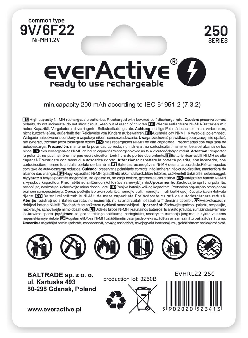 Bateri rikarikueshme EverActive Silver Line 9V, 250mAh, litium, e bardhë
