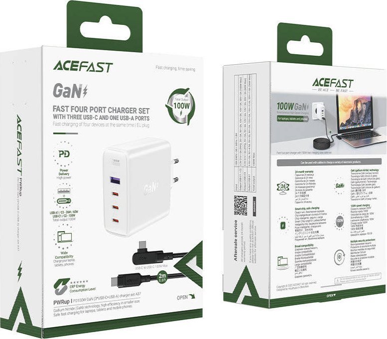 Karikues muri Acefast A37, 100W PD GaN, 4x USB, i bardhë