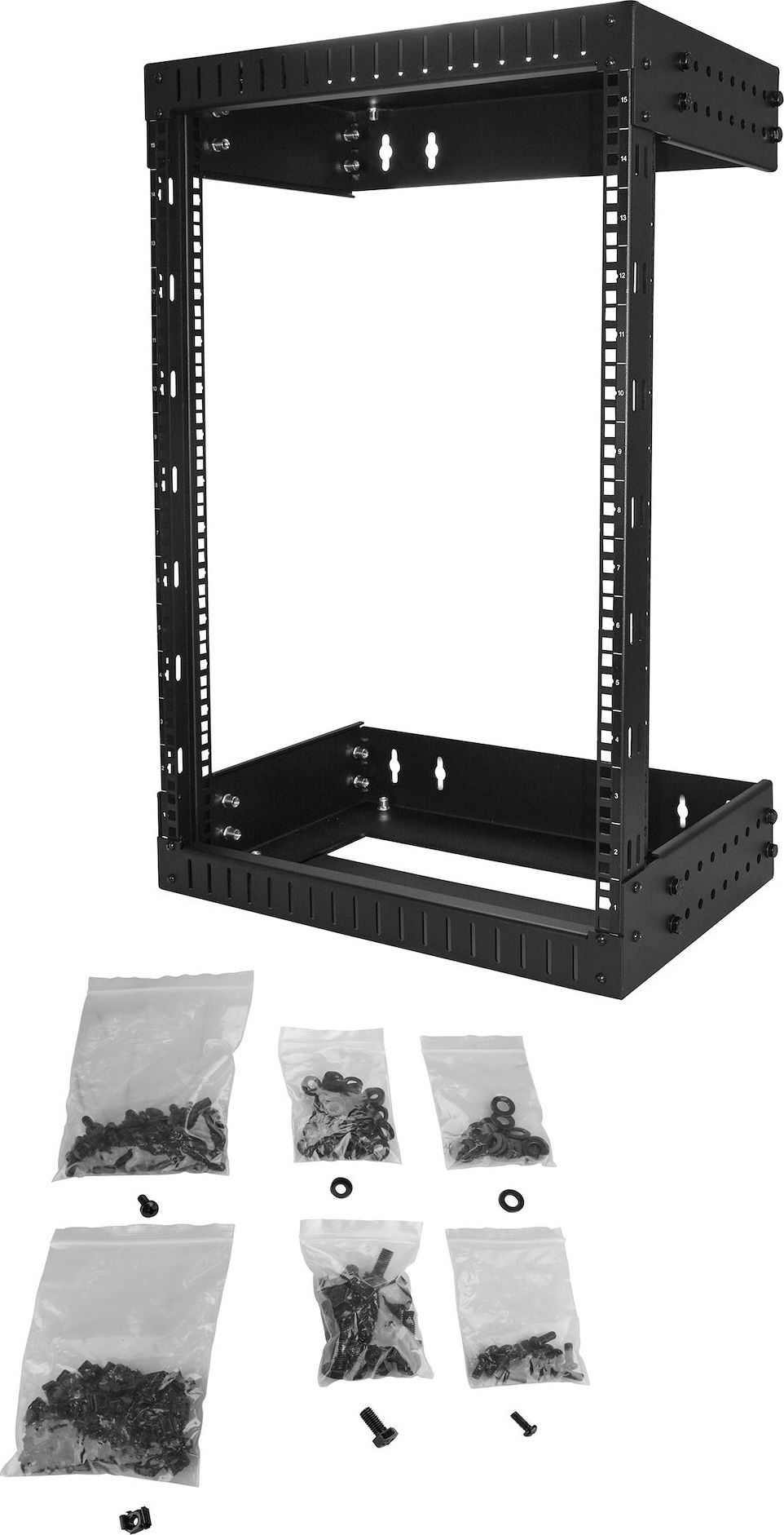 Raft muri rrjeti StarTech.com 15U 19", kornizë e hapur, thellësi e rregullueshme 30 50 cm, i zi
